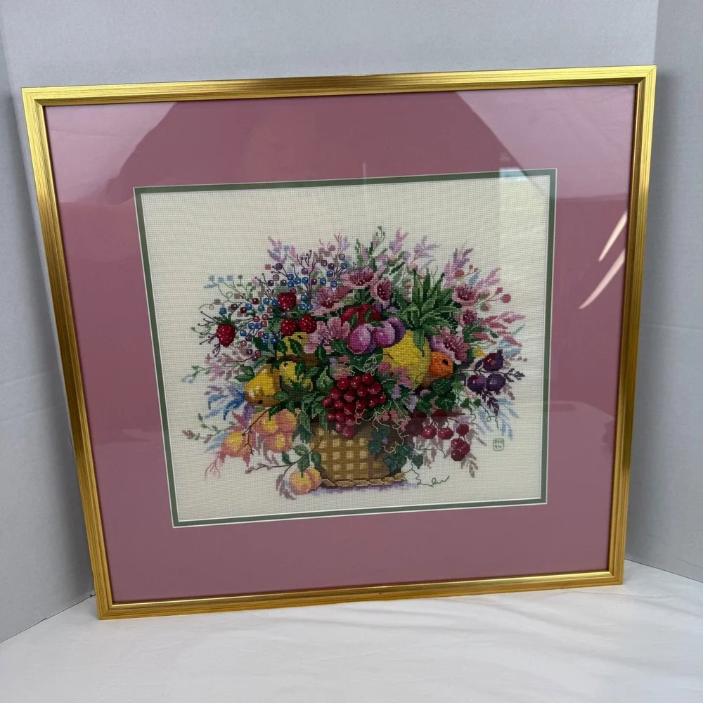 Vintage 1994 Framed Cross Stitch Fruit Basket Floral Embroidery Gold Frame 22.5
